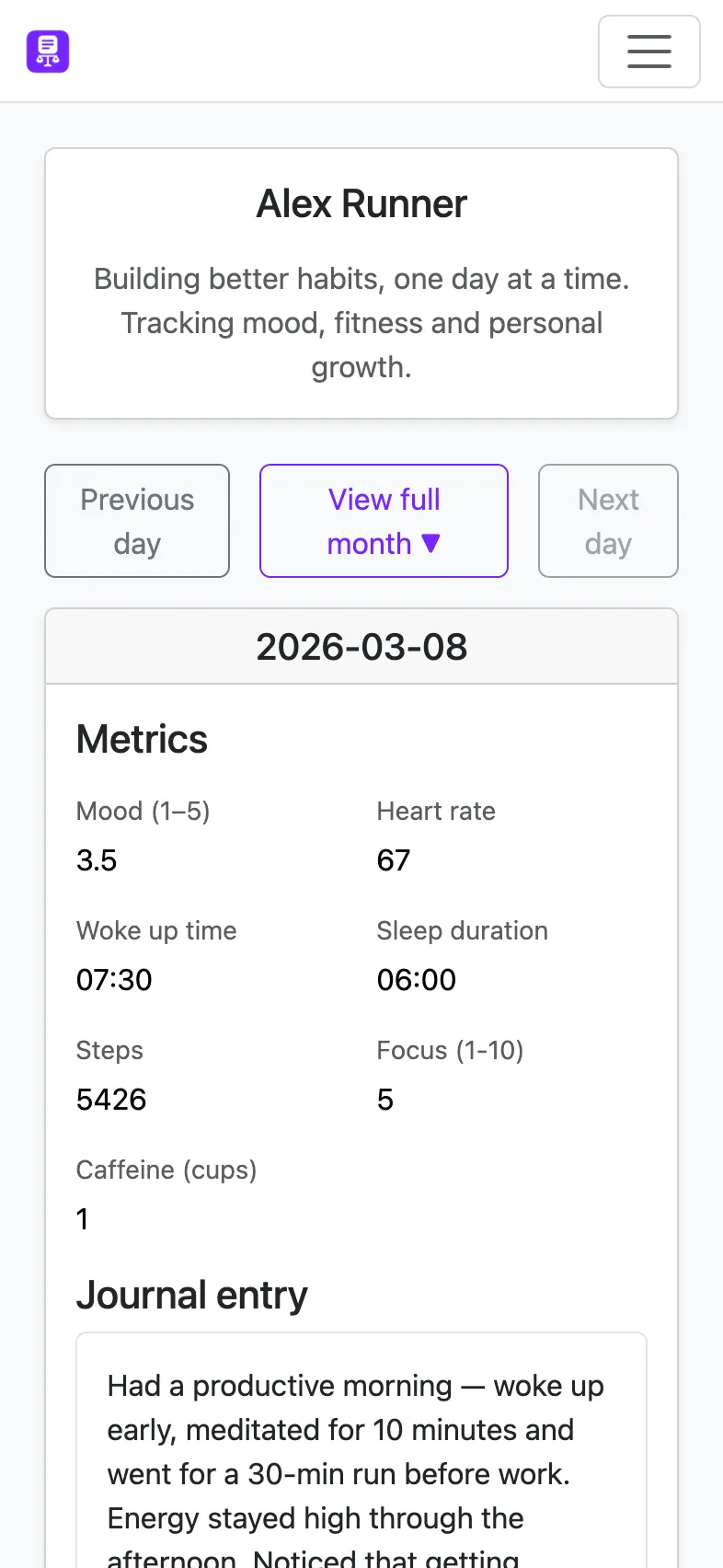 Example public profile — journal streak, shared goals progress and weekly metrics